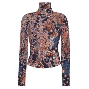 Cara Cara Bluetif Cascade Piper Top XS Paisley Floral Turtleneck Stretch Knit